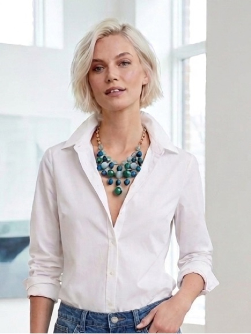 Beaded Bauble Green Statement Necklace With Gold Tone Chain